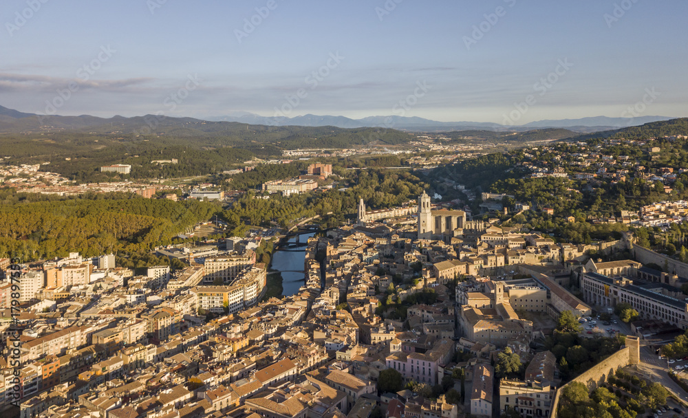 Aerial view of the historical part of Girona at sunrise