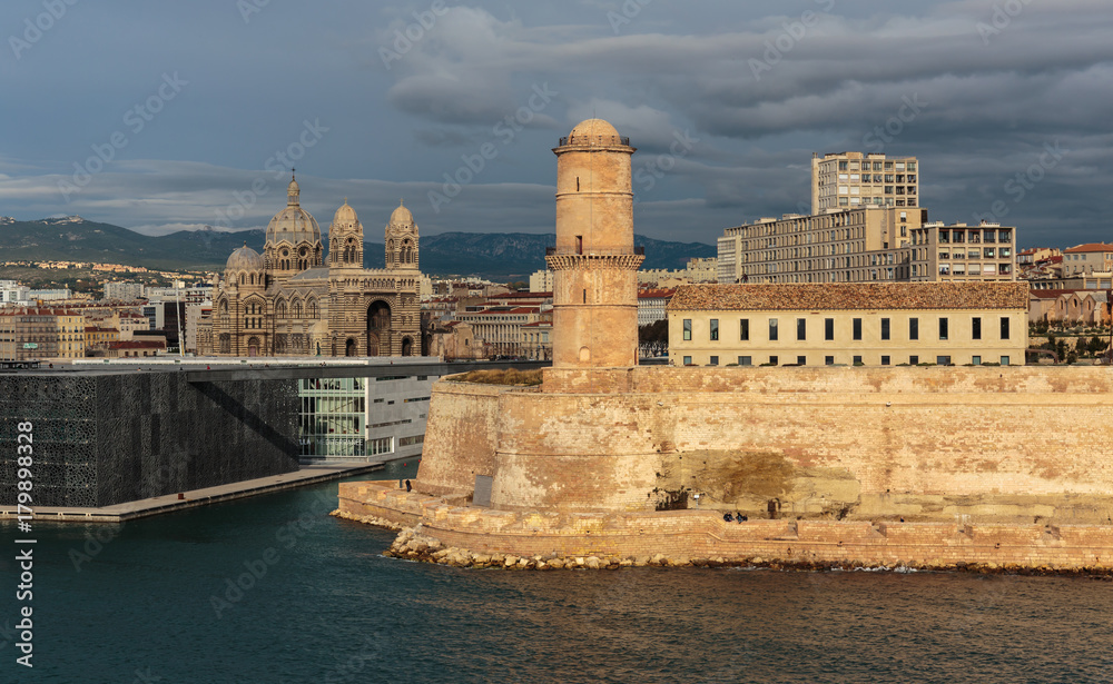 View of the old port and Fort Saint Jean in Marseille, France