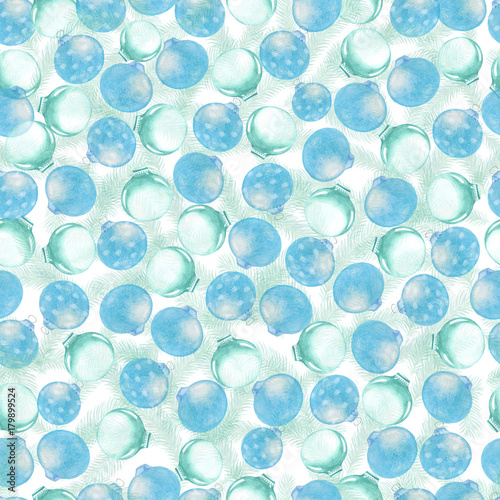 Seamless Christmas pattern with blue balls. Watercolor illustration.