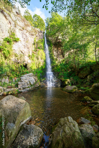 Fototapeta Naklejka Na Ścianę i Meble -  Landscape of one of water cascades of Oneta waterfalls in picturesque forest of Asturias, Spain.