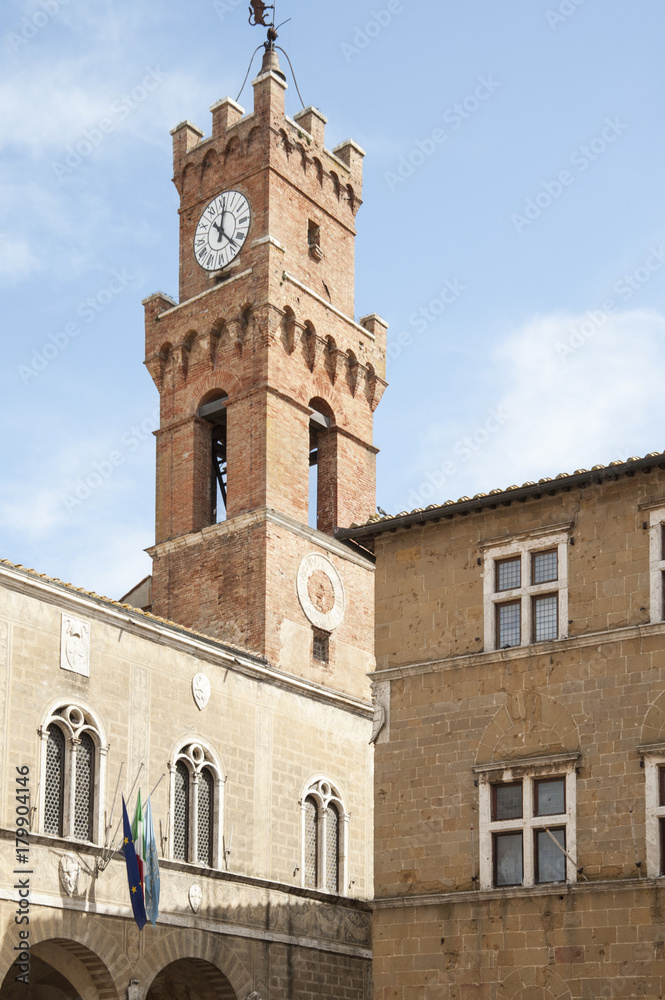 Pienza - Val d'Orcia - Siena - Italy -  Bell Tower of Palazzo Comunale in Pienza, a town that is  the 