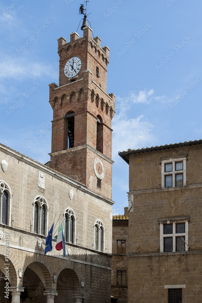 Pienza - Val d'Orcia - Siena - Italy -  Bell Tower of Palazzo Comunale in Pienza, a town that is  the 