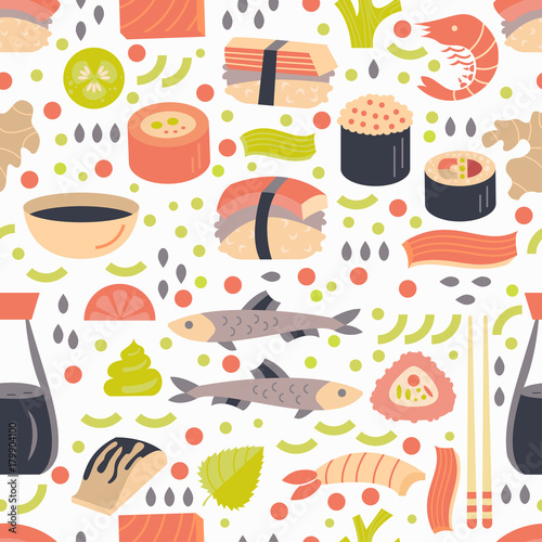 Japanese Sushi and Sashimi seamless pattern.