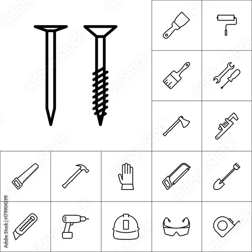 line screw and nail icon on white background, construction set