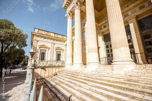 View from above on the Justice palace building with beautiful columns in Nimes city in southern France