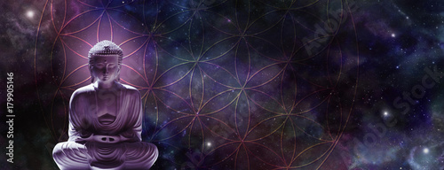 Slika na platnu Cosmic Buddha meditating on the Flower of Life - Lotus position buddha on left w