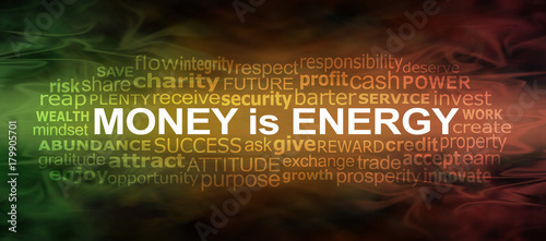 Money IS energy Word Cloud Banner - a green gold and red flowing energy formation background with a MONEY IS ENERGY word cloud 
