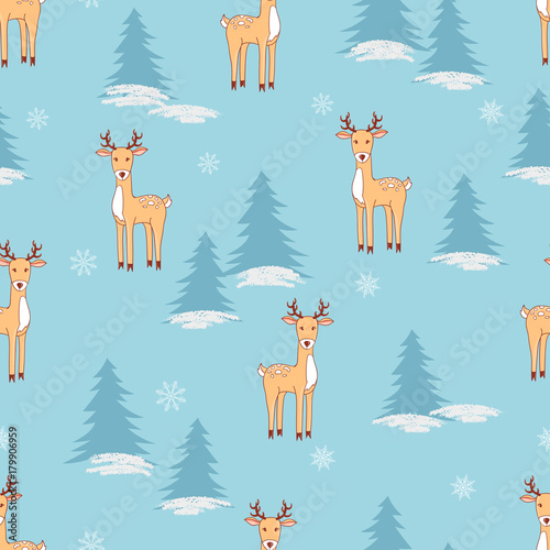 Christmas seamless pattern with cute deers. Vector winter background.