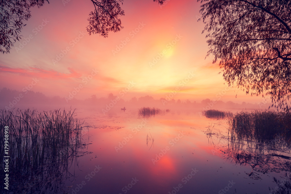 Fototapeta premium Early morning, dawn over the lake. Misty morning, rural landscape, wilderness, mystical feeling