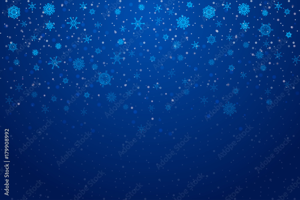 Christmas snow. Falling snowflakes on deep blue background. Snowfall. Vector illustration, eps 10.