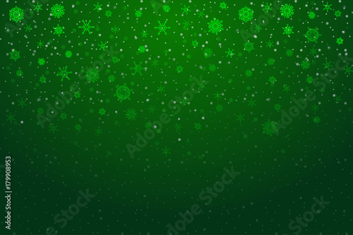 Christmas snow. Falling snowflakes on bright green background. Snowfall. Vector illustration, eps 10.