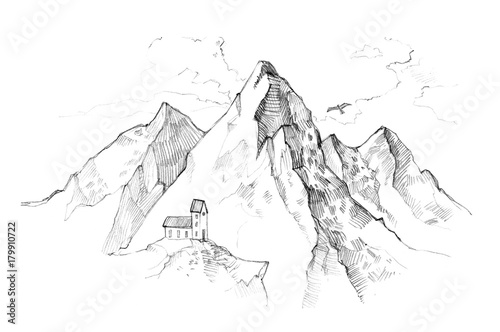 Hand drawn illustration - mountain peaks with lonly house. Outdoor camping background in sketch style. Landscape. photo