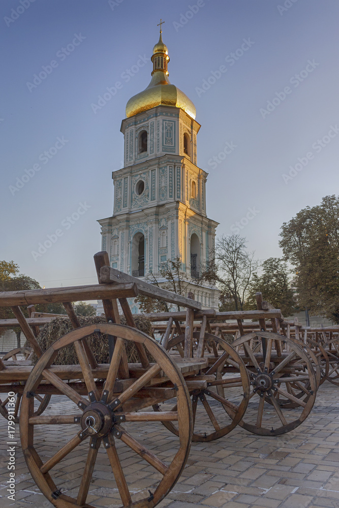 Sophia cathedral and carts in retro style. Kiev, Ukraine