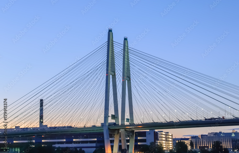 Cable-stayed bridge in St. Petersburg at sunset