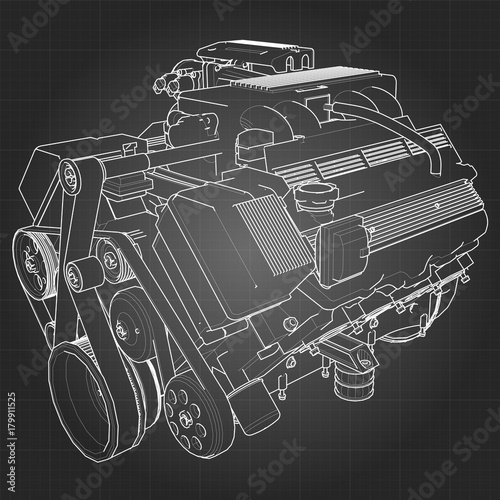 Powerful V8 car engine. The engine is drawn with white lines on a black sheet in a cage