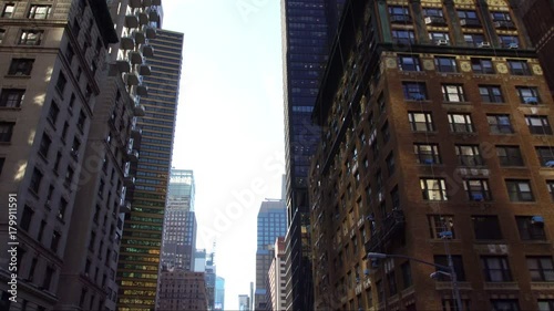 Aerial low angle shot of NYC New York City Manhattan street