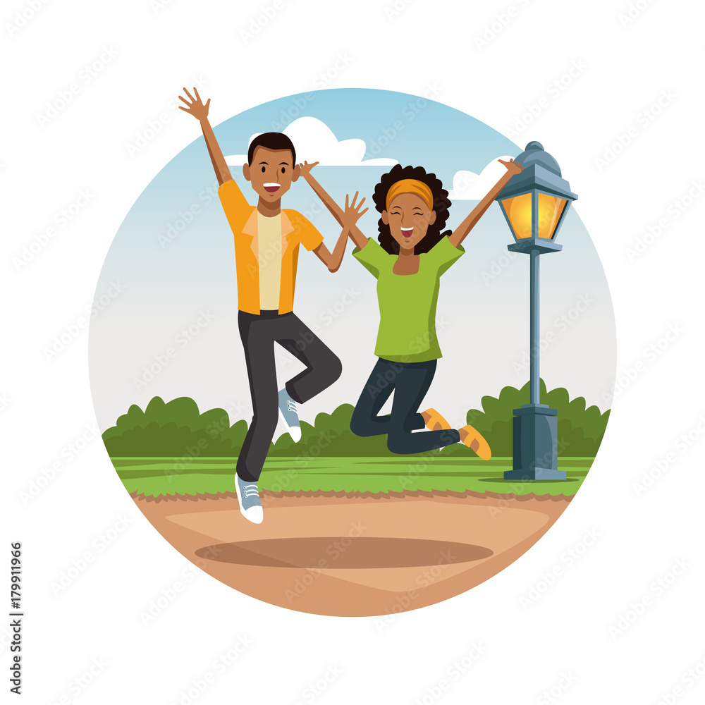 Friends jumping at park icon vector illustration graphic design