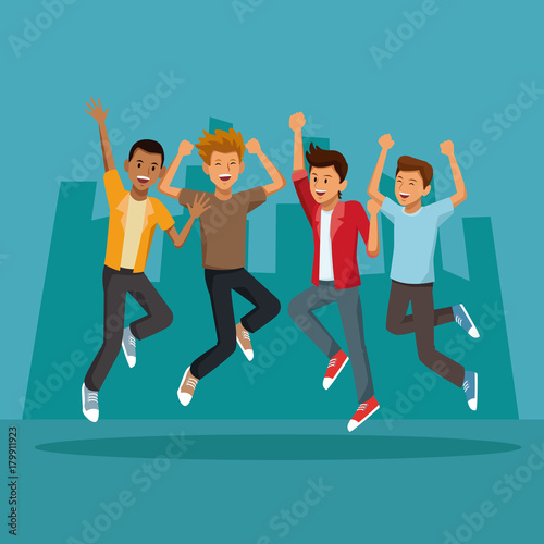 Friends jumping in the city icon vector illustration graphic design
