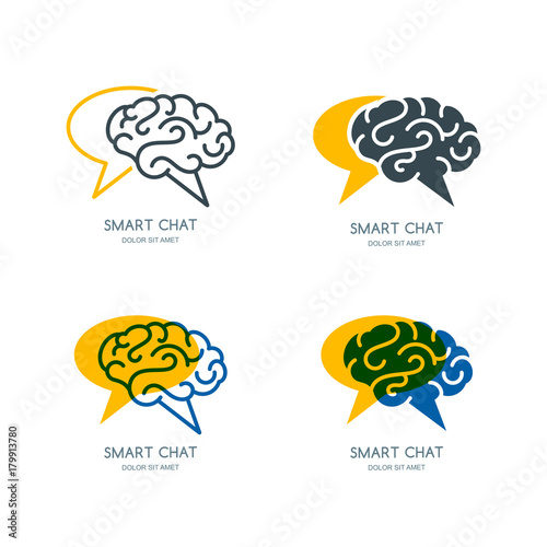 Vector human brain and speech bubble logo, sign, or emblem design. Business forum or chat line icon set. Concept for social network, development and creativity blog.