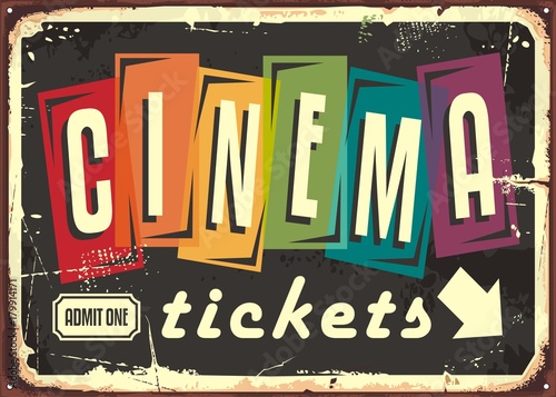 Cinema tickets retro sign with colorful typography on black background