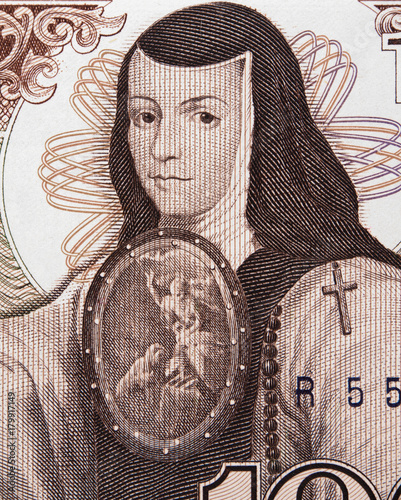 Sor Juana Ines de la Cruz portrait on Mexico 1000 pesos (1985) banknote closeup macro, philosopher, composer, and poet of the Baroque school, Mexican money close up.. photo