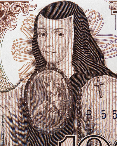 Sor Juana Ines de la Cruz portrait on Mexico 1000 pesos (1985) banknote closeup macro, philosopher, composer, and poet of the Baroque school, Mexican money close up..