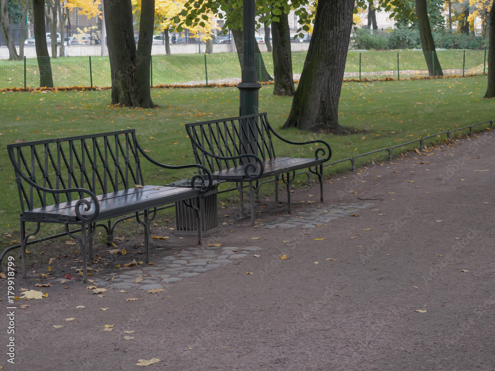 Alley with benches in the autumn city park Alley with benches in the autumn city park