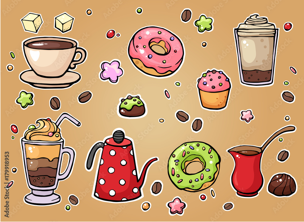 Vector hand drawn coffee and sweets collection. Plastic and paper ...