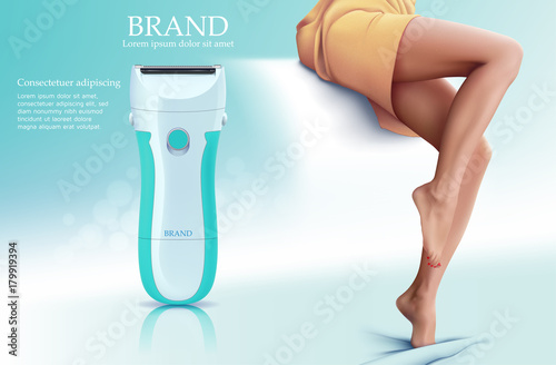 Colored and realistic banner with depilation by electric razor. hair removal on the body. woman composition with tool and woman figure vector illustration