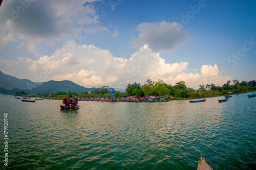 Beautiful landscape of the Phewa tal-lake with buildings in the horizont in Pokhara city Kaski district Gandaki zone-Nepal photo