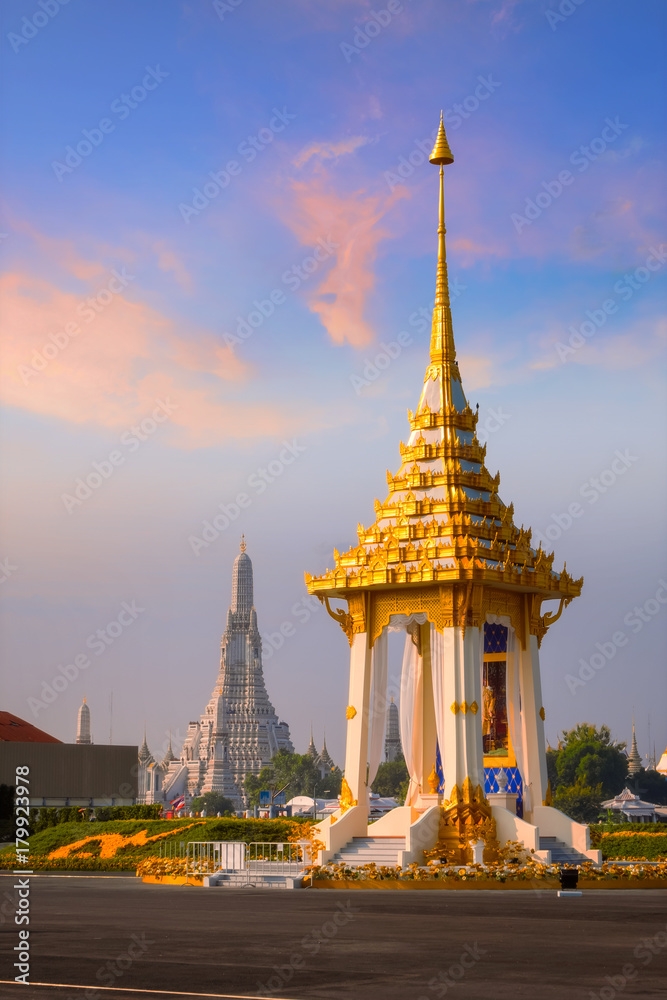 Naklejka premium The replica of royal crematorium of His Majesty late King Bhumibol Adulyadej at Nakaphirom Park on the opposite side of Wat Arun Temple