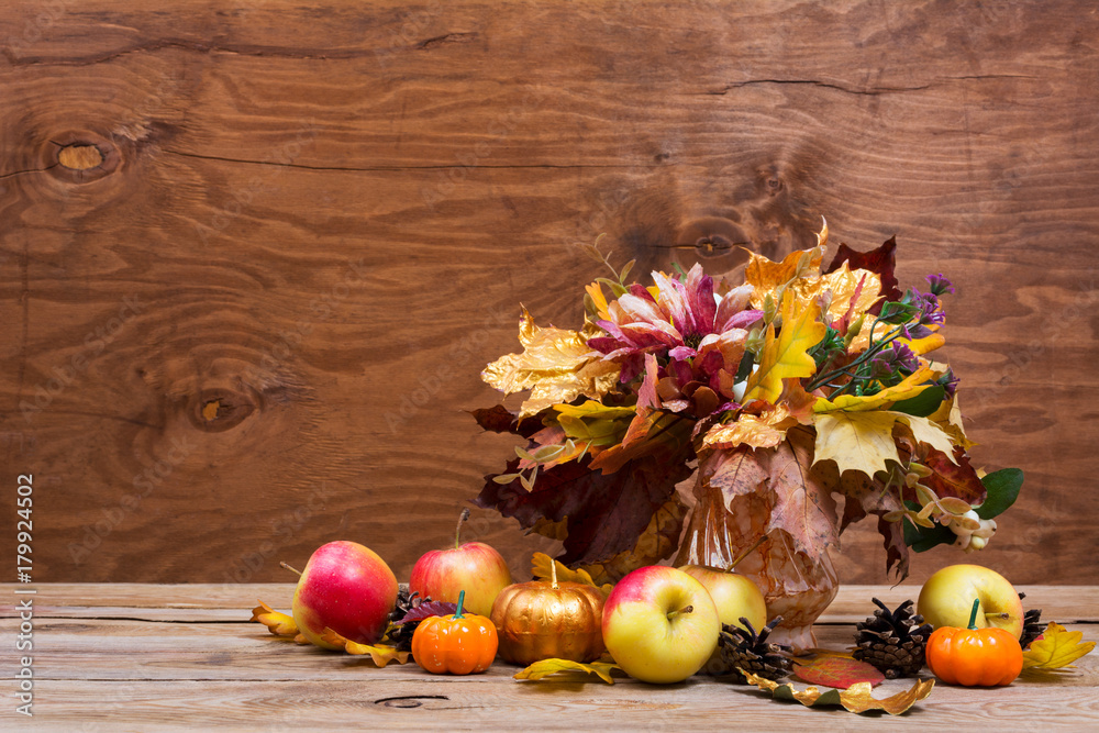 Thanksgiving centerpiece with fall leaves bouquet and apples, Thanksgiving centerpiece with fall leaves bouquet and apples,
