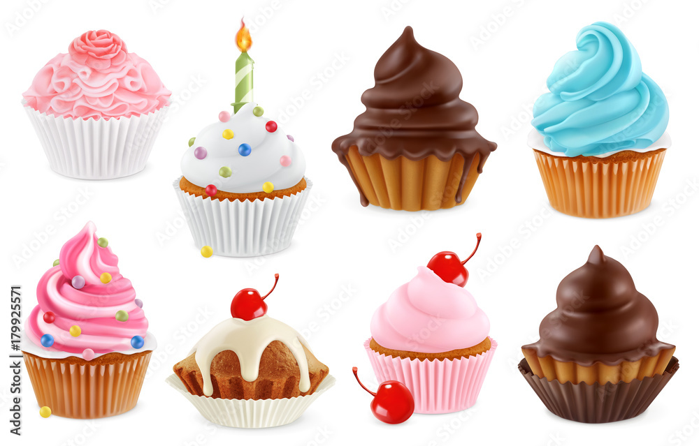 Cupcake, fairy cake. 3d realistic vector icon set Cupcake, fairy cake. 3d realistic vector icon set