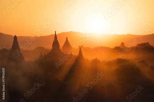Sunset over the ancient temples of Bagan  Myanmar  Burma .