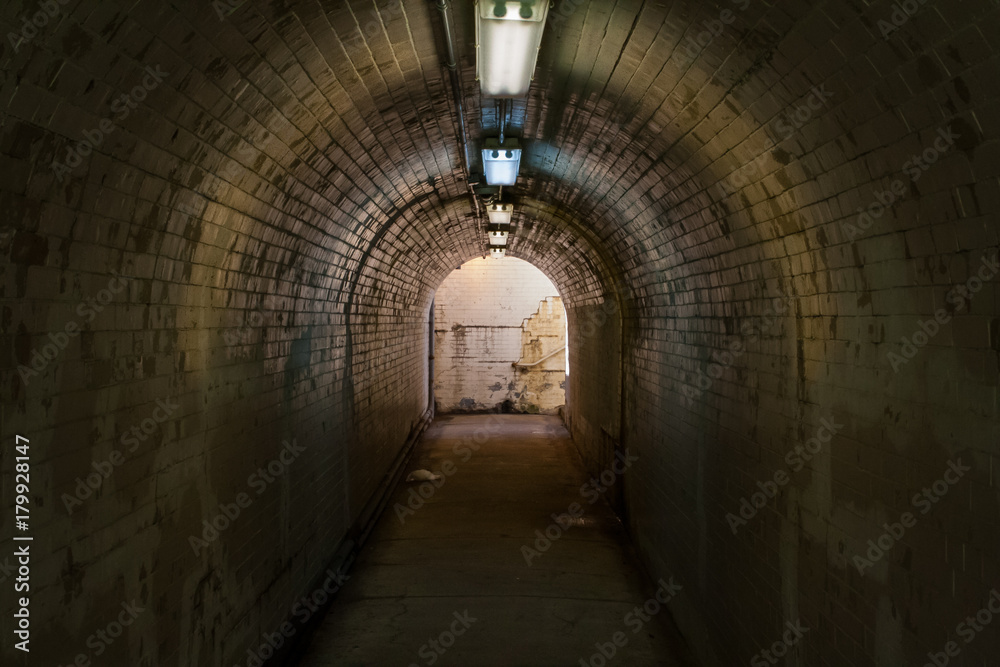 Old Tiled Tunnel with Fluorescent Lights