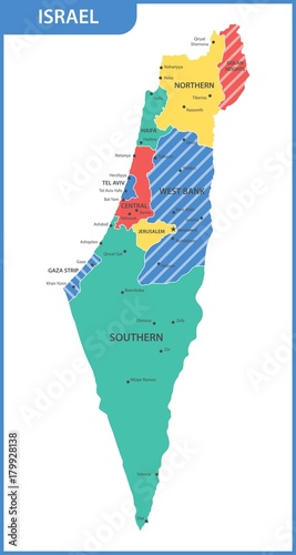 The detailed map of the Israel with regions or states and cities, capitals