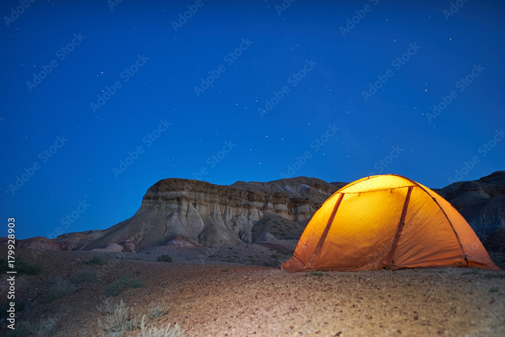 Lonely evening camping in canyons