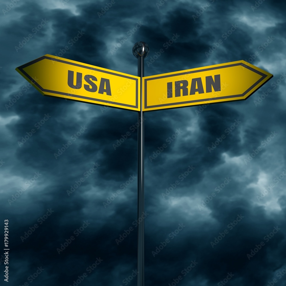 3d rendering of road signs with USA and IRAN text pointing in opposite directions. Image relative to politic situation between USA and Iran. 3d rendering of road signs with USA and IRAN text pointing in opposite directions. Image relative to politic situation between USA and Iran.