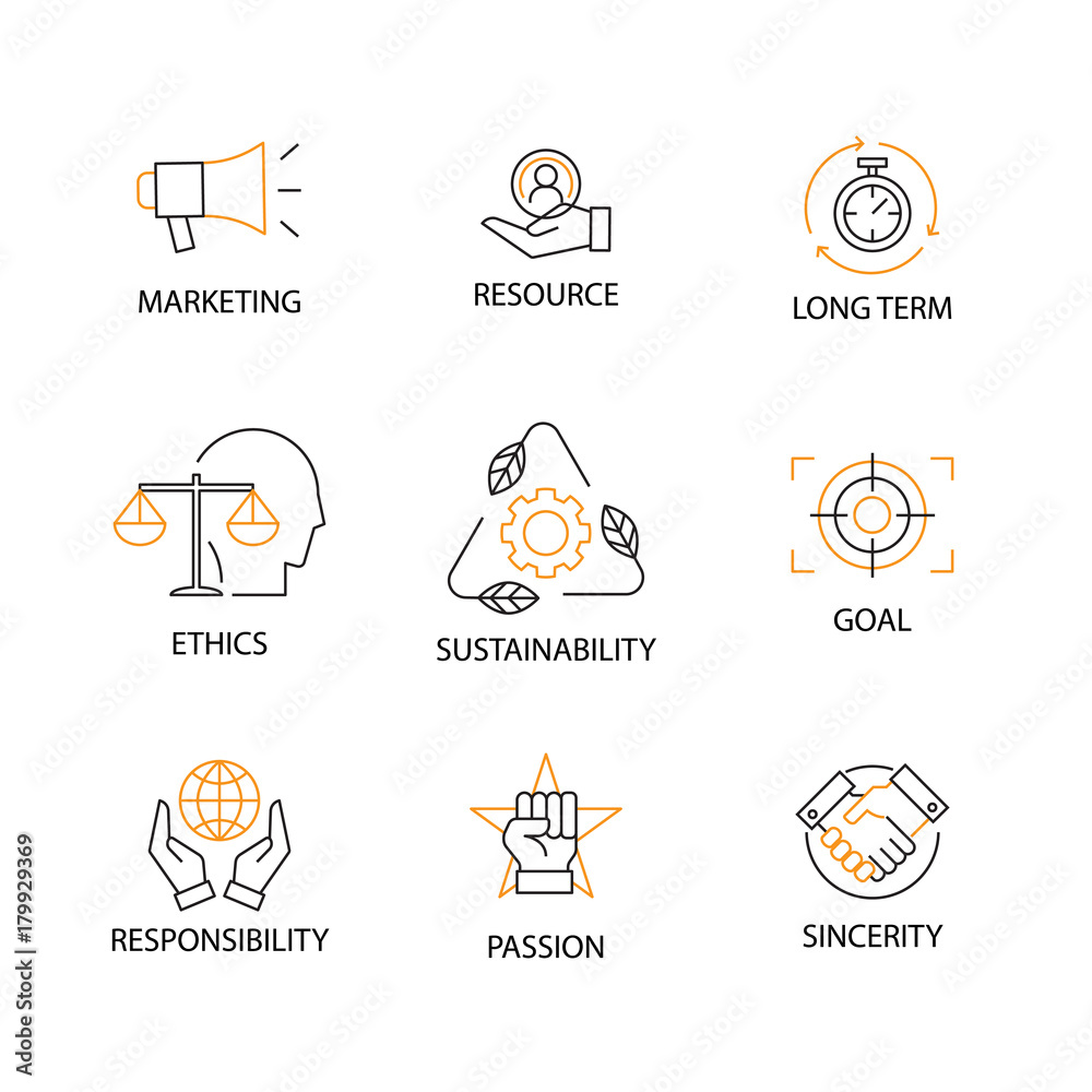 Modern Flat thin line Icon Set in Concept of Corporate Social Responsibility with word Marketing,Resource,Long Term,Ethics,Sustainability,Goal,Responsibility,Passion,Sincerity Editable Stroke. Modern Flat thin line Icon Set in Concept of Corporate Social Responsibility with word Marketing,Resource,Long Term,Ethics,Sustainability,Goal,Responsibility,Passion,Sincerity Editable Stroke.