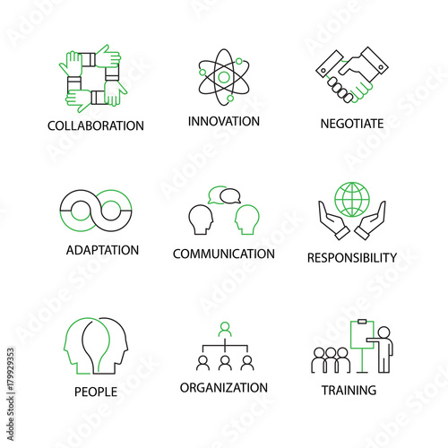 Modern Flat thin line Icon Set in Concept of Soft Skills with word Collaboration,Innovation,Negotiate,Adaption,Communication,Responsibility,People,Organizetion,Trainning. Editable Stroke.