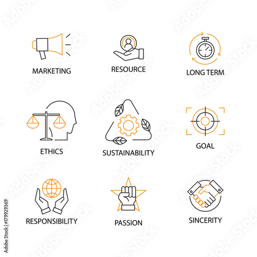 Modern Flat thin line Icon Set in Concept of Corporate Social Responsibility with word Marketing Resource Long Term Ethics Sustainability Goal Responsibility Passion Sincerity Editable Stroke.