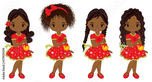 Vector Cute Little African American Girls with Christmas Balls 