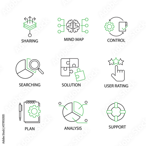 Modern Flat thin line Icon Set in Concept of Business Strategy with Sharing,Mind Map,Control,Searching,Analysis,Solution,User Rating,Plan,Support.Editable Stroke.