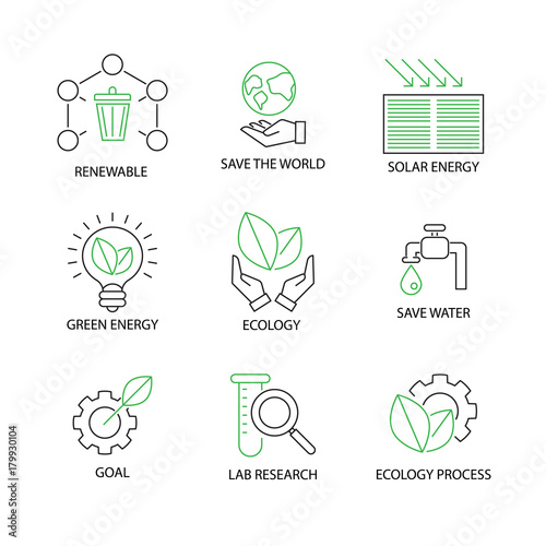 Modern Flat thin line Icon Set in Concept of Ecology with word Renewable,Save the world,Solar Energy,Green Energy,Ecology,Save Water,Goal,Lab Research,Ecology Process.Editable Stroke.