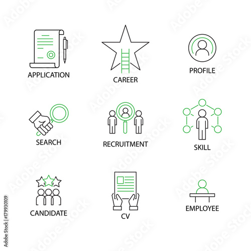 Modern Flat thin line Icon Set in Concept of Human and Resource Management  with word Application,Career,Profile,Search,Recruitment,Skill,Candidate,CV Curriculum Vitae,Employee. Editable Stroke.