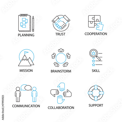 Modern Flat thin line Icon Set in Concept of Team Management with word Planning,Trust,Cooperation,Mission,Brainstorm,Skill,Communication,Collaboration,Support.Editable Stroke.