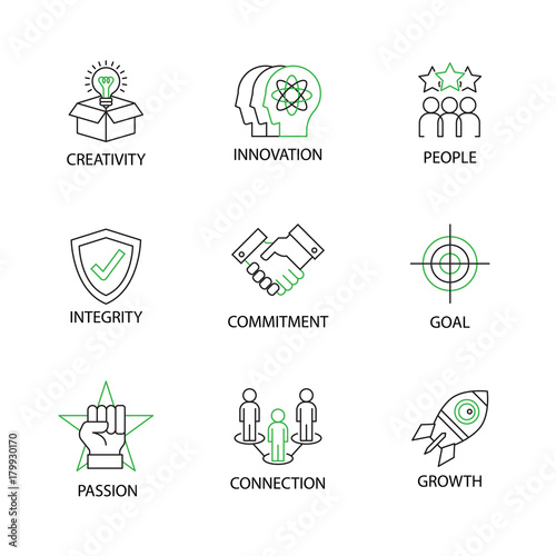 Modern Flat thin line Icon Set in Concept of Business Core Values with word with word integrity innovation commitment creativity people passion goal growth connection.Editable Stroke.