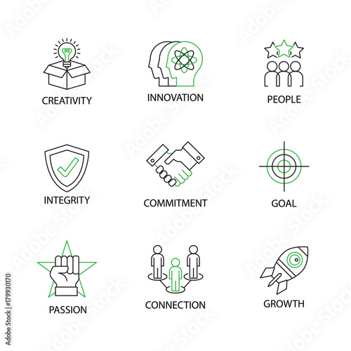 Modern Flat thin line Icon Set in Concept of Business Core Values with word with word integrity,innovation,commitment,creativity,people,passion,goal,growth,connection.Editable Stroke.