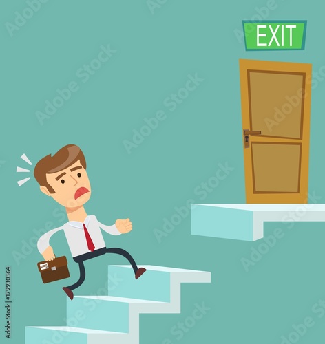 A young businessman going upstairs steadily, a closed door in the wall at the top. Concept of career growth. Stock flat vector illustration.