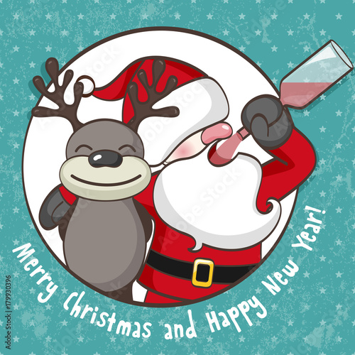 Santa Claus with reindeer. EPS 10 vector illustration for Christmas design.